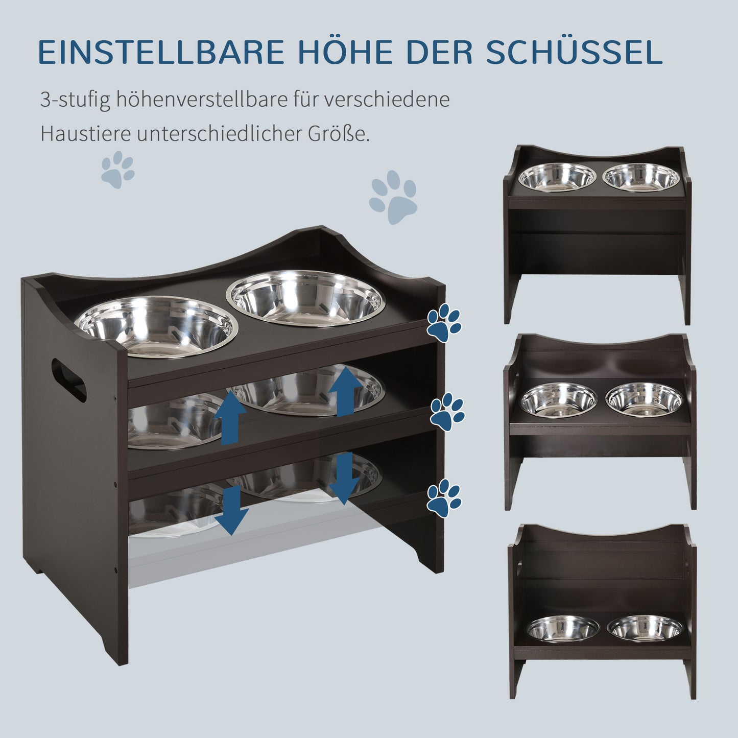 PawHut Erhöhter Hundenapf Höhenverstellbar Futternapf mit Ständer Wassernapf 2 x 2L Edelstahlnäpfen Langsamfutternapf verstellbar Fressnapf Futterstation Hundenäpfe für alle Hundegrößen, Kaffee