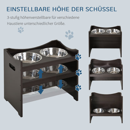 PawHut Erhöhter Hundenapf Höhenverstellbar Futternapf mit Ständer Wassernapf 2 x 2L Edelstahlnäpfen Langsamfutternapf verstellbar Fressnapf Futterstation Hundenäpfe für alle Hundegrößen, Kaffee