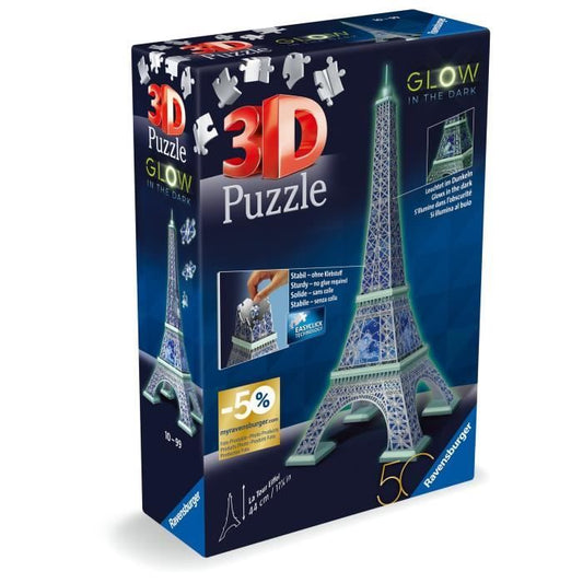 Ravensburger-Puzzle 3D Eiffel Tower phosphorescent 50 years-From 10 years-216p numbered to assemble without glue-Accessories included-11591