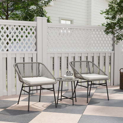 Outsunny 3-teiliges Outdoor-Möbelset, 1 Tisch, 2 Stühle, Rattan-Geflecht, Stahlrahmen, Kaffeetisch mit Glasplatte, Dunkelgrau