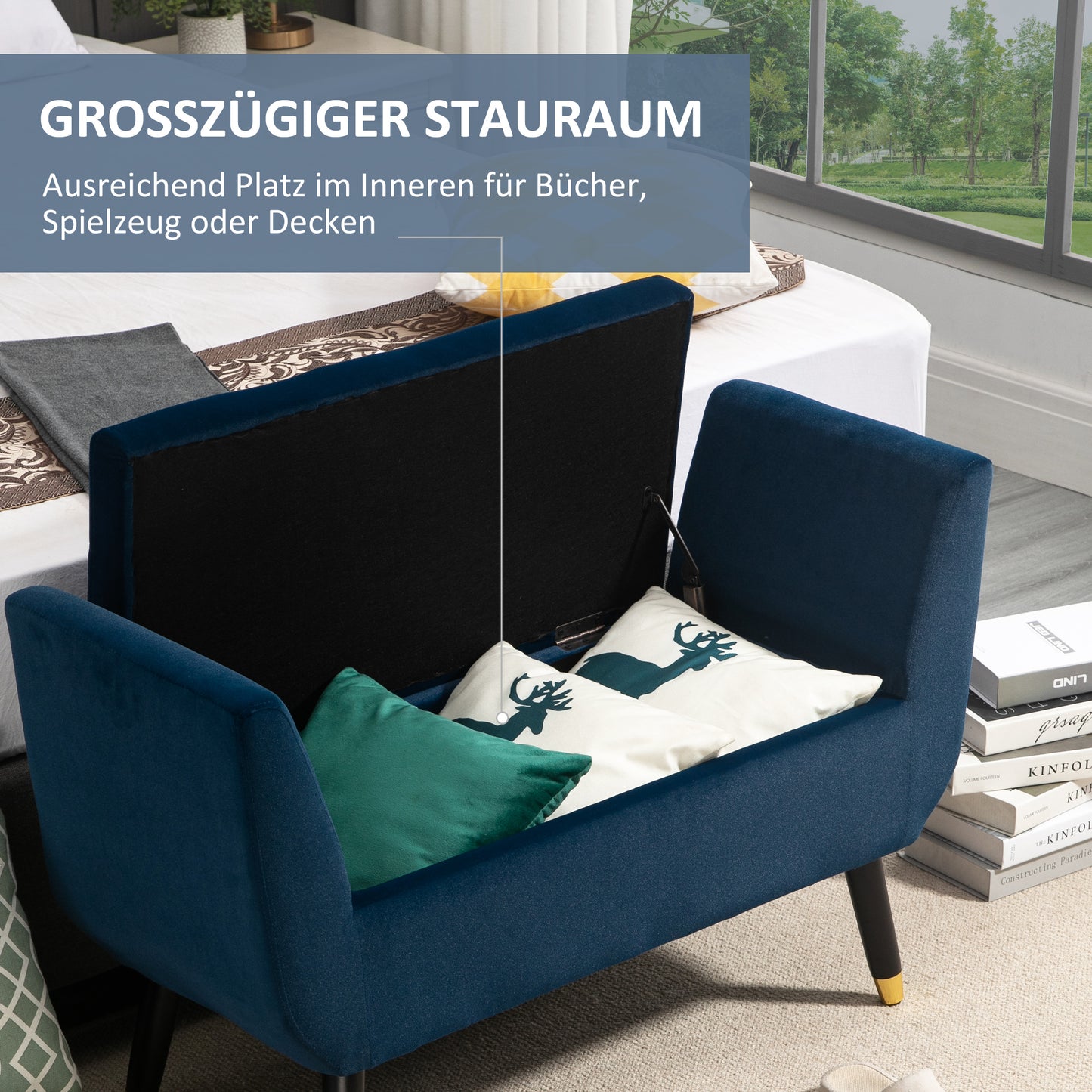 HOMCOM Sitzbank mit Stauraum Armlehnen Polsterbank mit Samtoptik, Sitztruhe mit Holzbeine, Truhenbank für Wohnzimmer Schlafzimmer Flur 107 x 42 x 65 cm, Blau