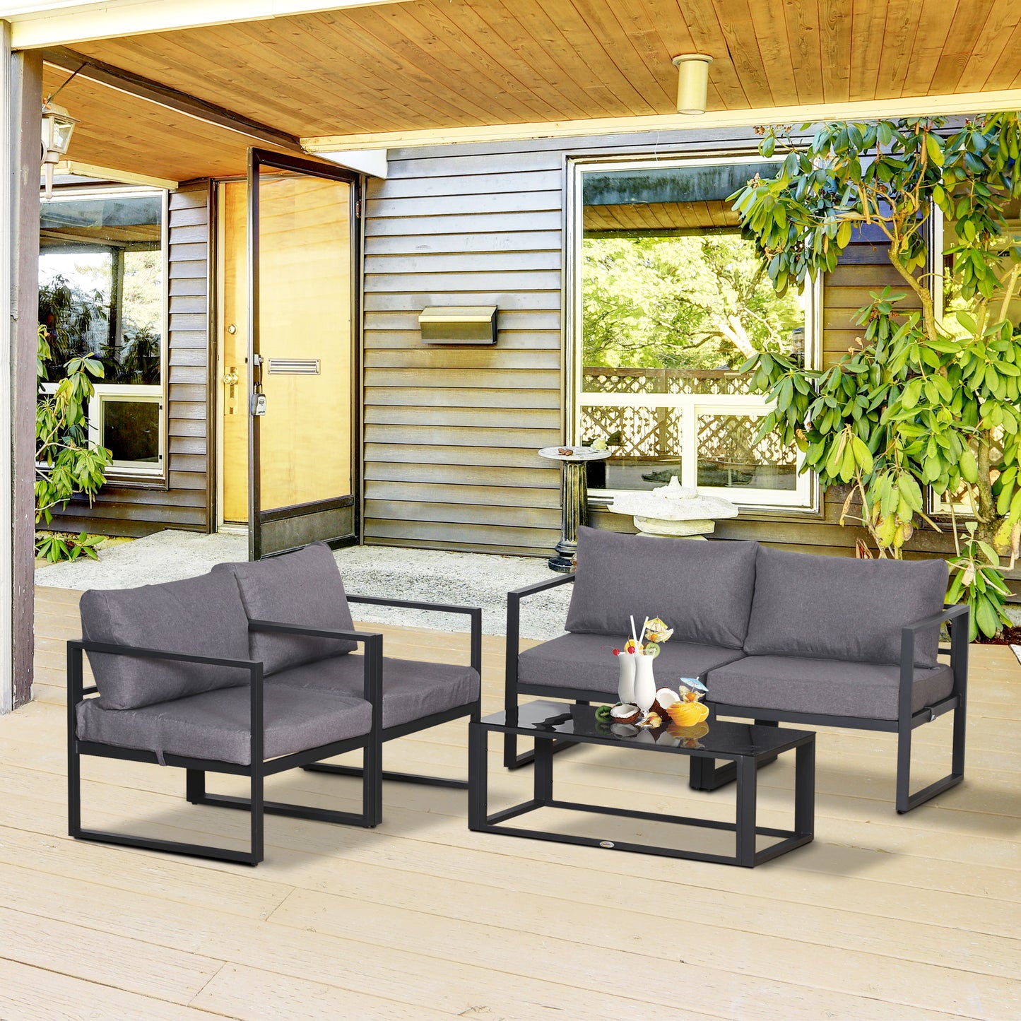 Outsunny Vierteiliges Gartenmöbel Set, Sitzgruppe, Sofa mit Sitzkissen, Tisch mit Staurum, Polyester, Grau, 138 x 69 x 63 cm