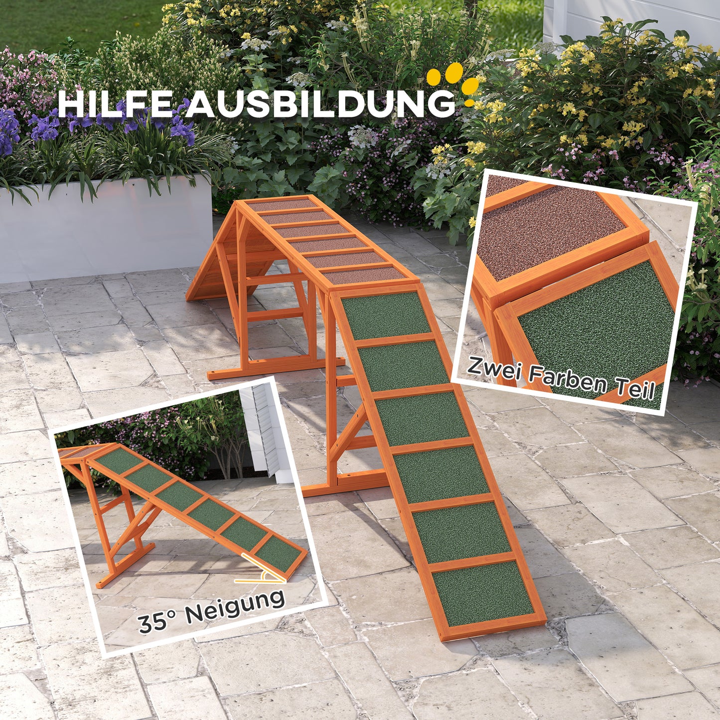 PawHut Agility Hunderampe, Parcours, rutschfest, wetterfest, Holz, 335 x 55 x 60 cm, Orange