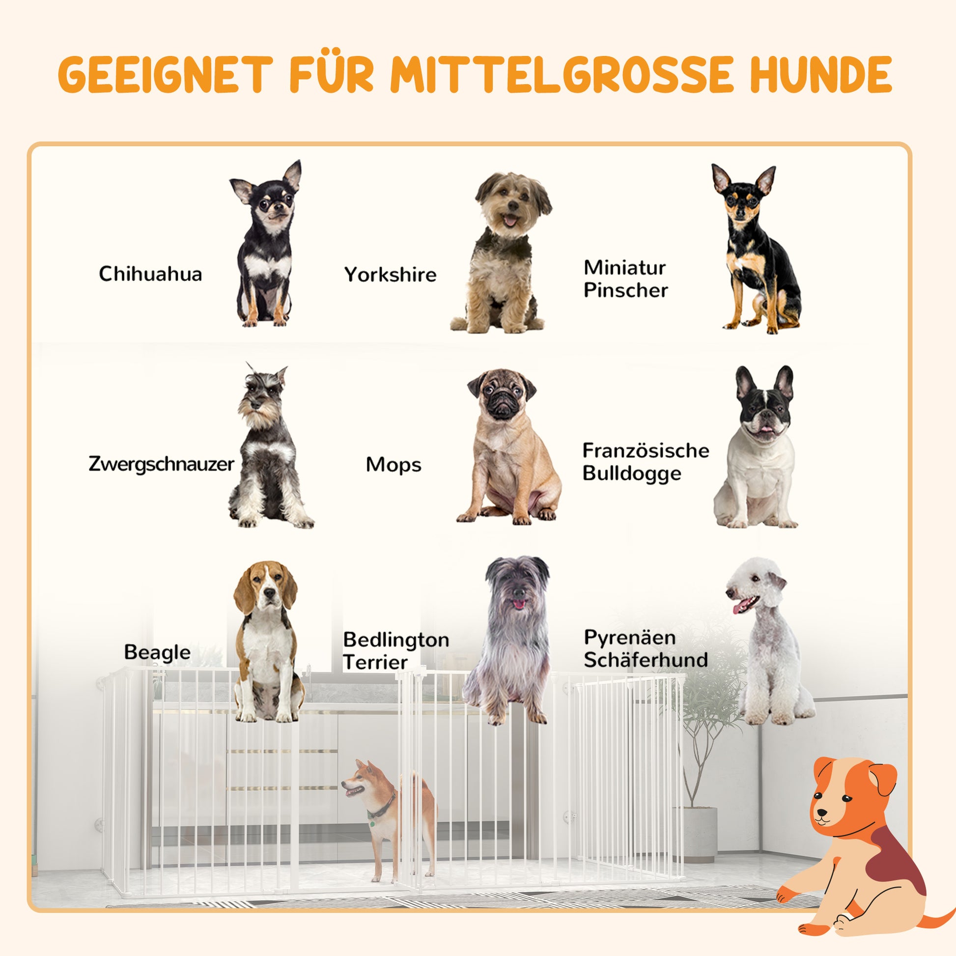 PawHut 2-in-1 Welpenauslauf und Absperrgitter, 8 Paneele, verriegelbare Tür, Stahl, 90 cm Höhe, weiß
