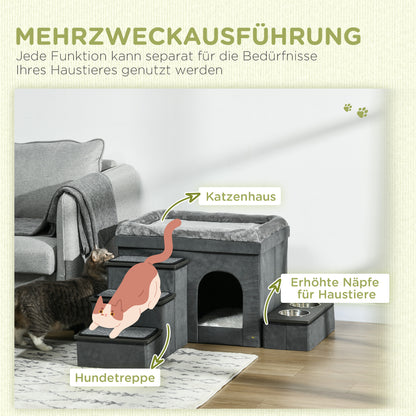 PawHut Katzenhaus Katzenhütte Katzenhöhle, 3 Haustiertreppen, 2 Fressnäpfe, 70 x 50 x 51, cm, Grau
