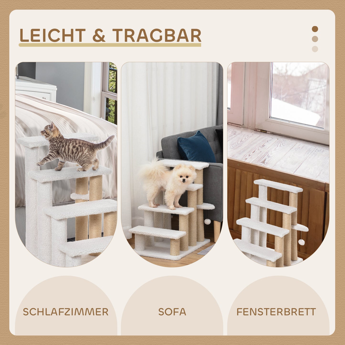 PawHut Katzentreppe 4-stufige Haustiertreppe mit Kratzsäulen Ball Hundetreppe Tiertreppe für Katzen bis 5 kg Plüsch Jute Weiß 60 x 40 x 64 cm
