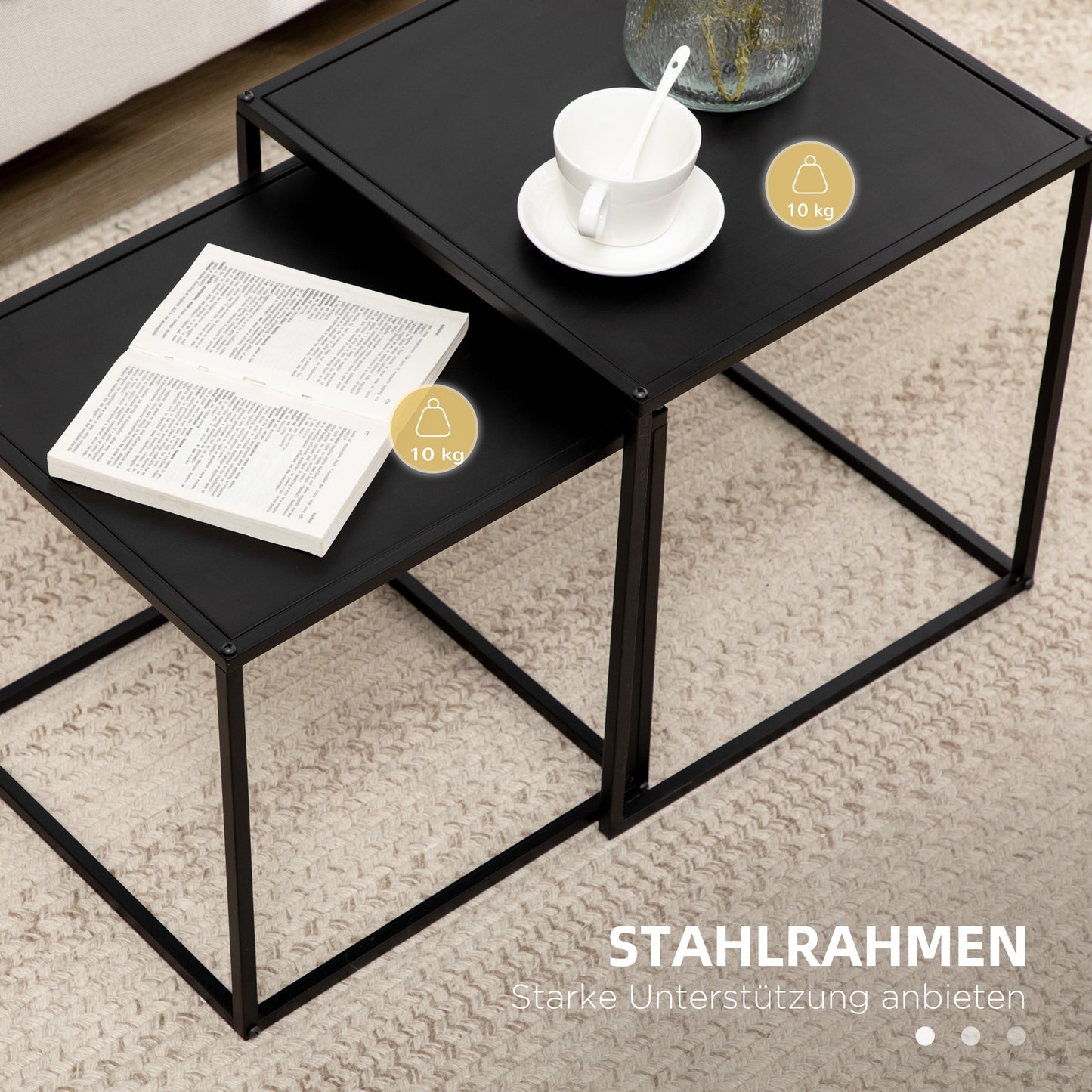HOMCOM Beistelltisch, Couchtisch, Satztisch, 2er-Set, modernes Design, Stahlrahmen, schwarz, 40 x 40 x 40cm
