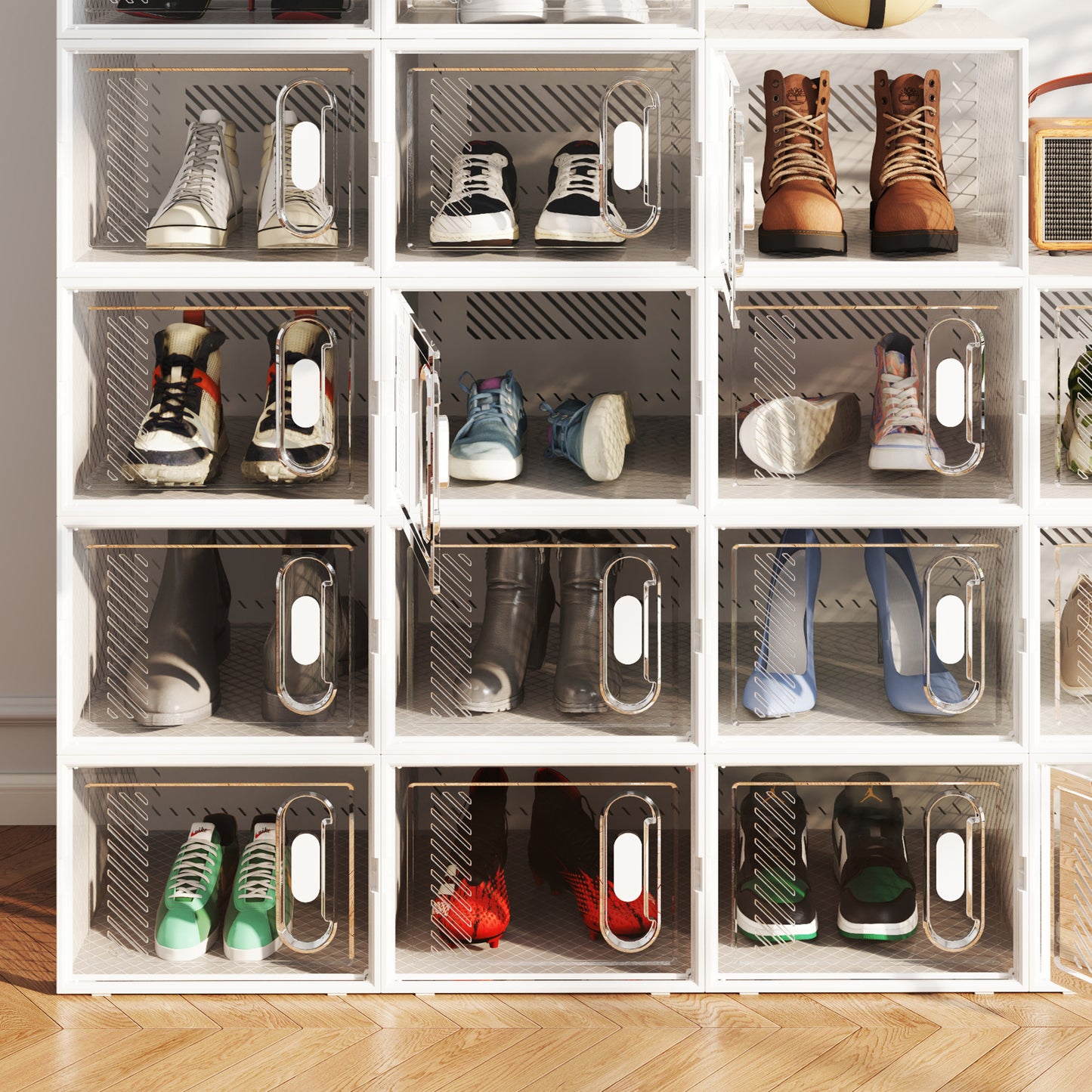 HOMCOM 8-teiliges Schuhregal, stapelbare Schuhboxen für Schuhe bis Größe 46, magnetische Türen, Kunststoff, 28 x 36 x 21 cm