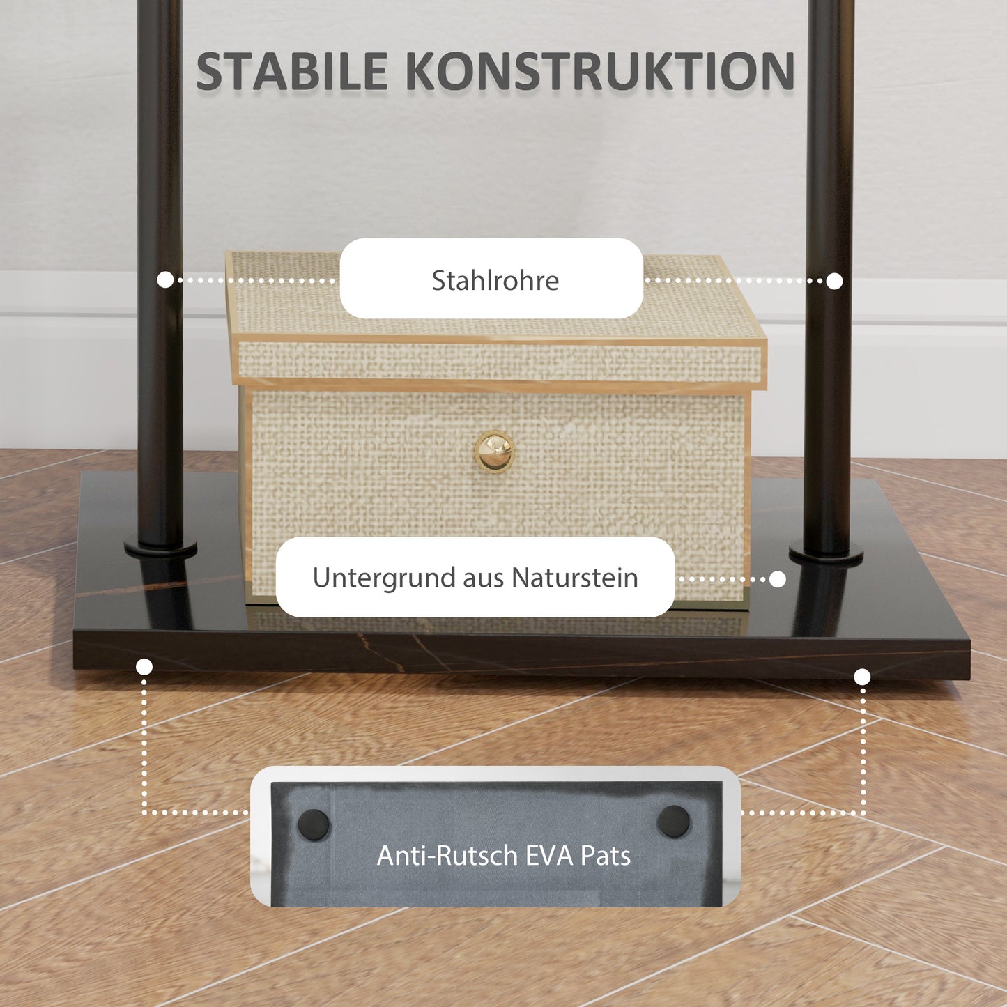 HOMCOM Garderobenständer, Kleiderstange mit Stoppern, 3 Haken, Ablagefach, Kunststeinsockel, Schwarz