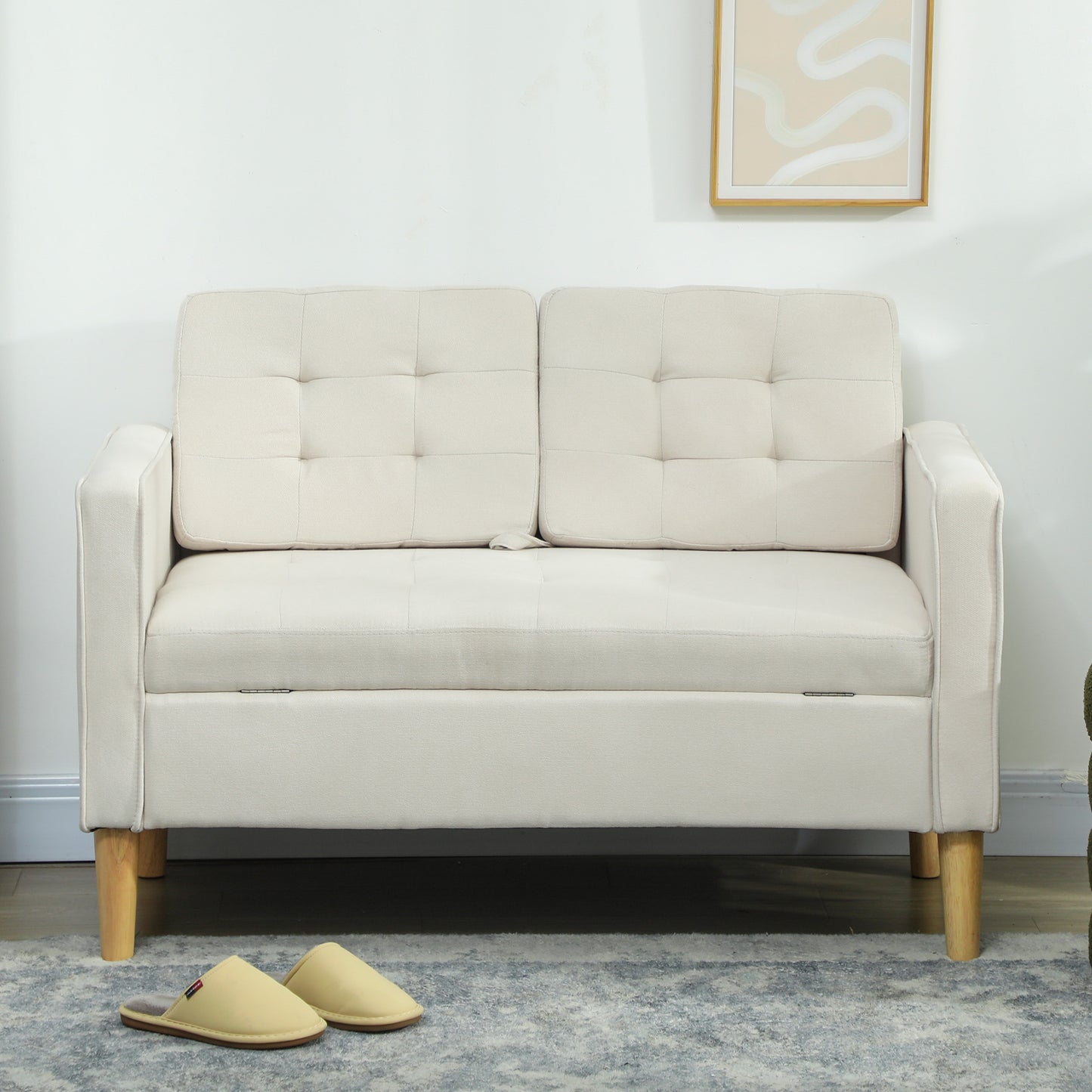 HOMCOM Zweisitzer-Sofa mit Stauraum, Knopfheftung, Kissen, Kautschukbaumholz, 117x62x78cm, Cremeweiß