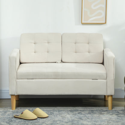 HOMCOM Zweisitzer-Sofa mit Stauraum, Knopfheftung, Kissen, Kautschukbaumholz, 117x62x78cm, Cremeweiß