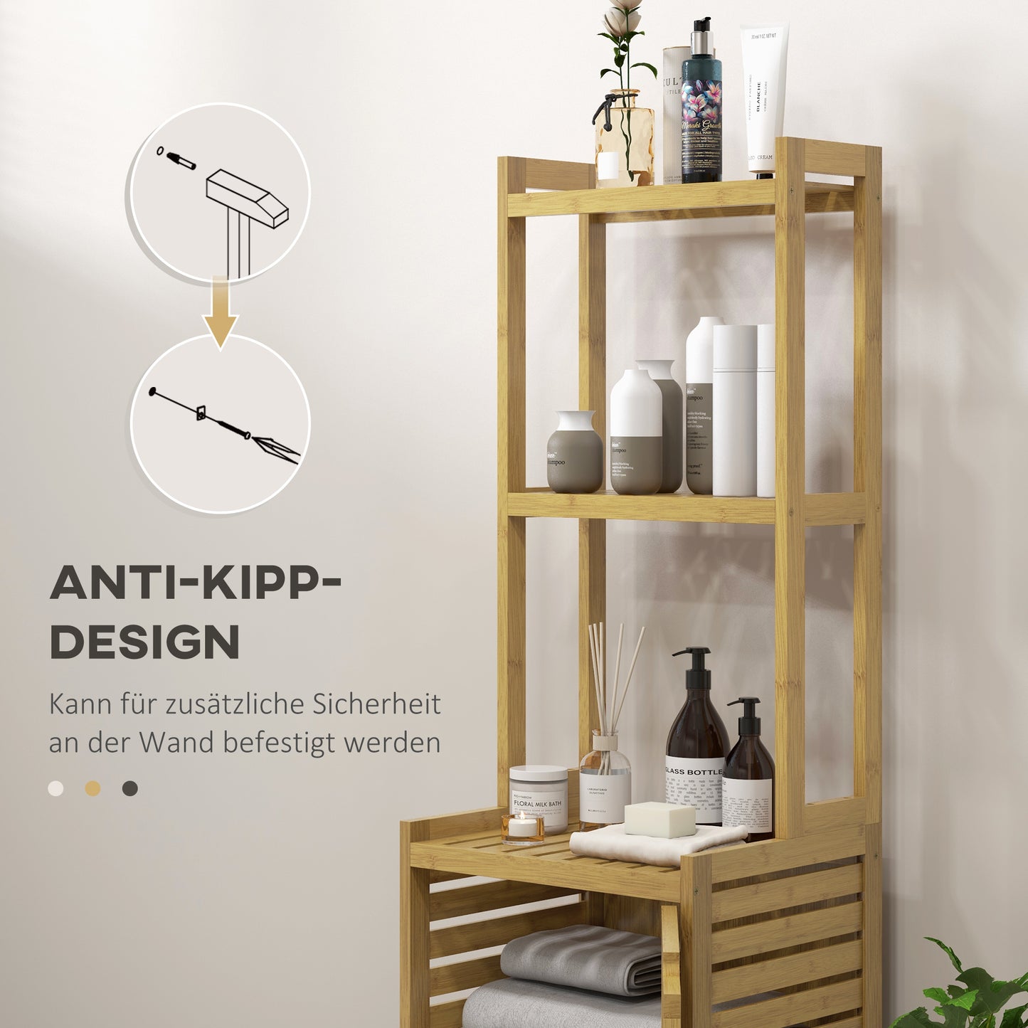 HOMCOM Badezimmerregal Badregal, 3 Regale, 1 Schrank, 38,5 cm x 33 cm x 170 cm, Natur