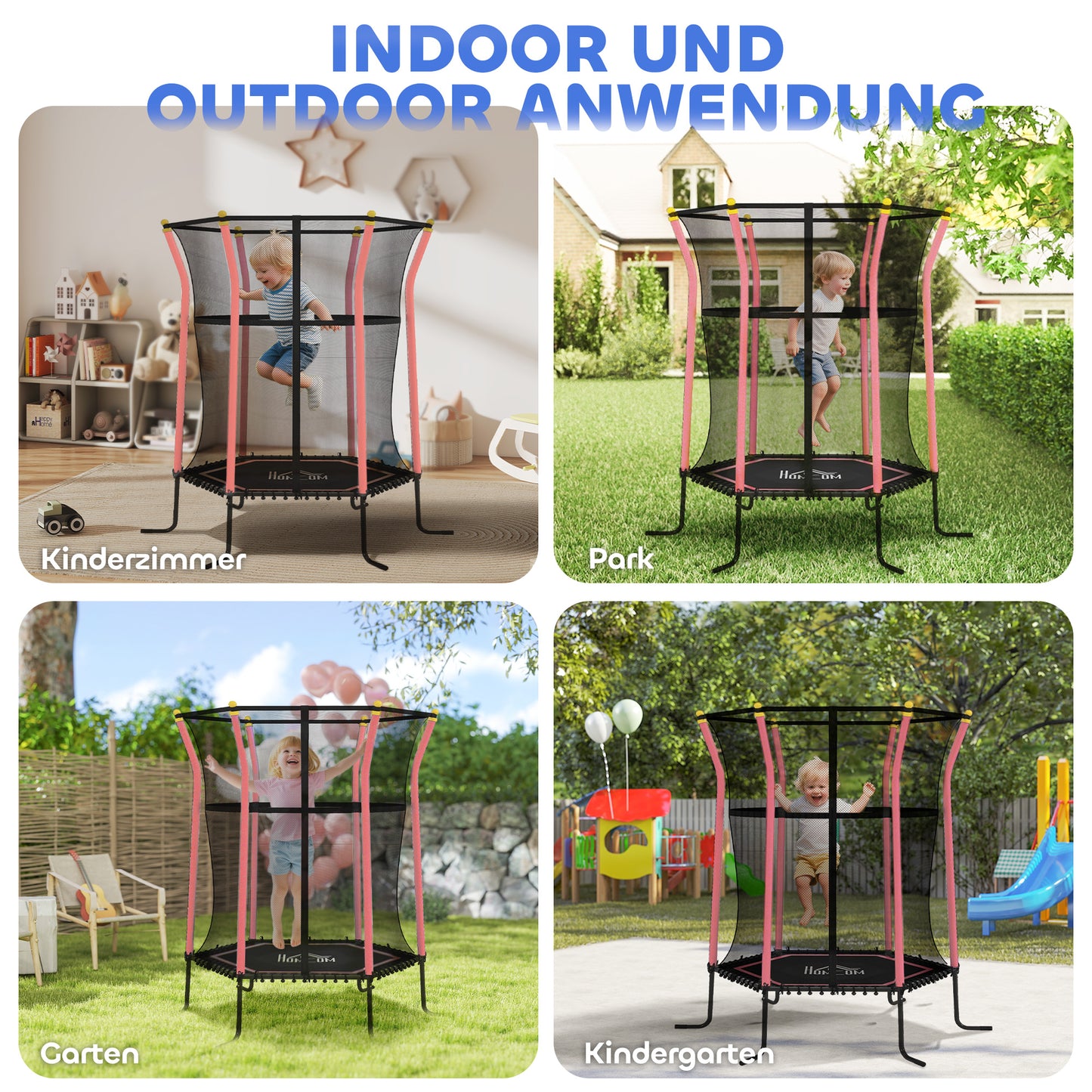 HOMCOM Trampolin für Kinder, Ø163,5 cm, mit Sicherheitsnetz, gepolstert, Stahl, belastbar bis 50 kg, Schwarz & Rot