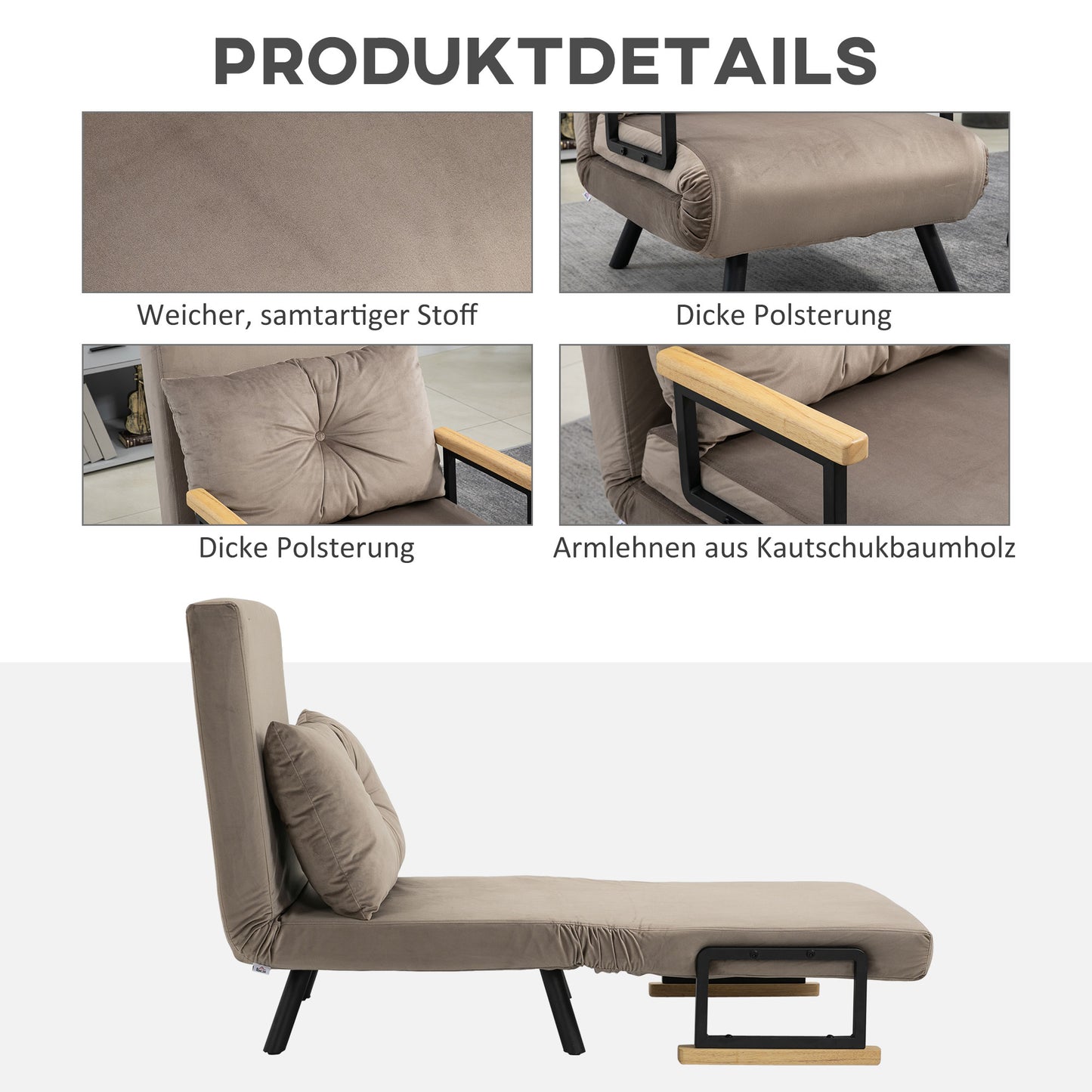 HOMCOM Schlafsessel, Gästebett, verstellbare Rückenlehne, bis 120 kg, Stahllrahmen, 63x73x81cm, Hellbraun