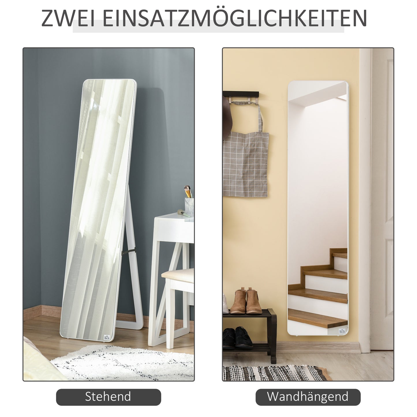 HOMCOM Standspiegel Ganzkörperspiegel mit klappbaren Rahmen Schminkspiegel frei stehend oder an der Wand montiert stabil für Wohnzimmer oder Ankleidezimmer Kiefernholz MDF Weiß 37 x 43 x 156 cm