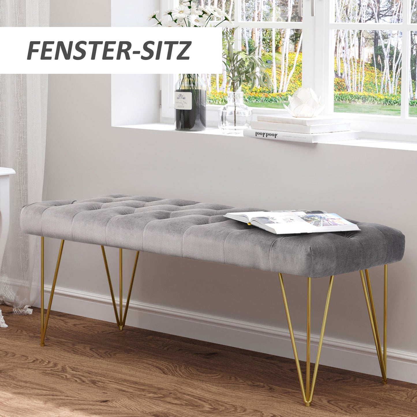 HOMCOM Sitzbank Polsterbank Pianobank Schuhbank mit Samtoptik Bettbank Klavierbank für Schlafzimmer, Wohnzimmer, Flur, Metall Grau 116 x 44,5 x 49 cm