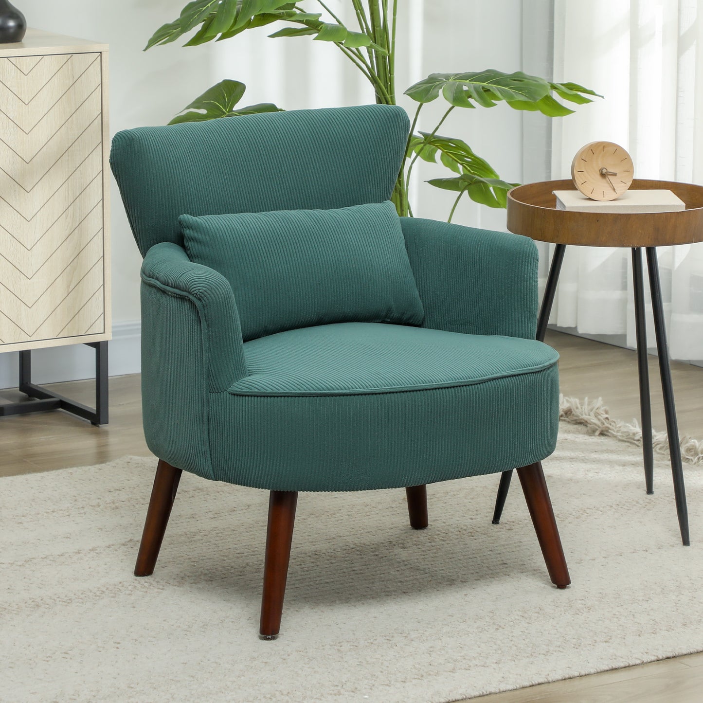 HOMCOM Moderner Armlehnstuhl, Gepolsterter Akzentstuhl mit Lendenkissen, Kautschukholzbeinen, Dunkelgrün