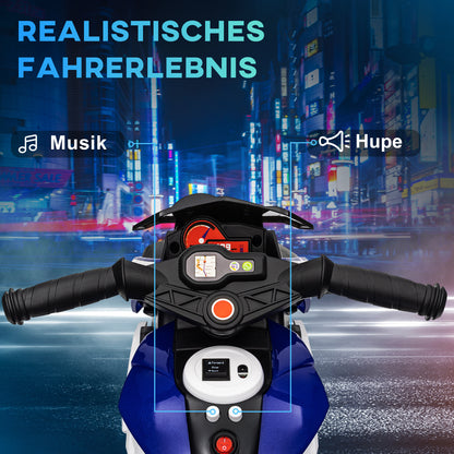 HOMCOM Elektro-Kindermotorrad, Lichter & Geräusche, 3 km/h, wiederaufladbar, Kunststoff & Metall, Blau/Weiß