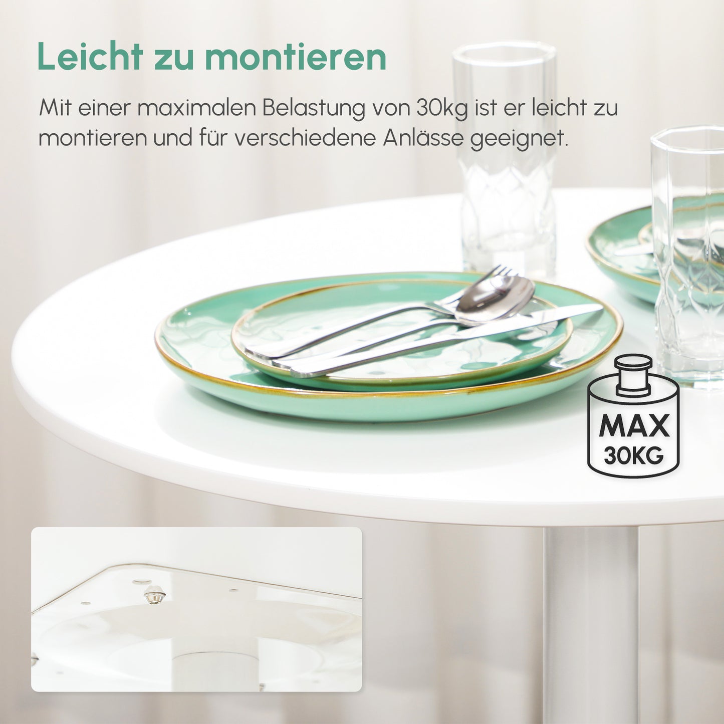 HOMCOM Esstisch für 2 Personen, runde Tischplatte, Stahlfuß, weiß, 70 x 70 x 75 cm