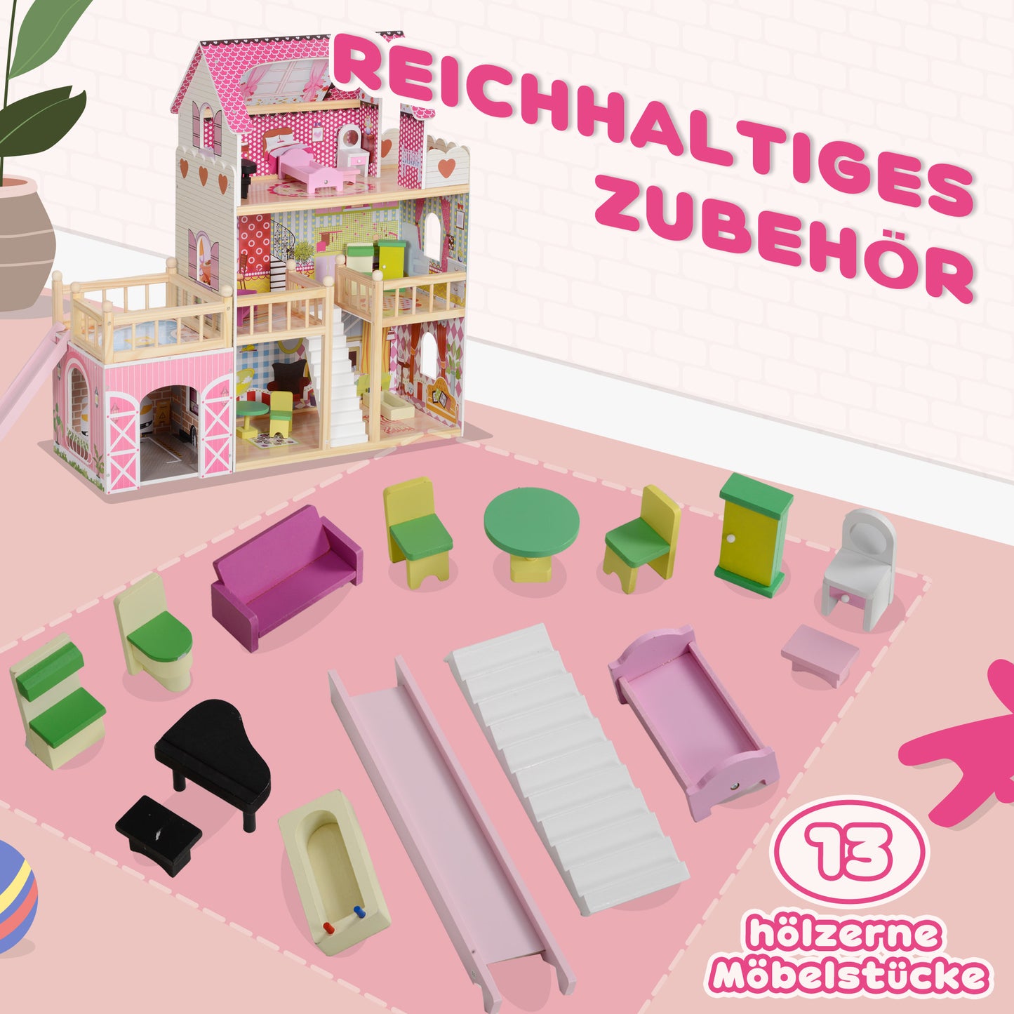 AIYAPLAY Puppenhaus, 3 Etagen, 13 Möbelstücke, Garage, Rutschen & Balkon, 114 x 32 x 92 cm, Rosa
