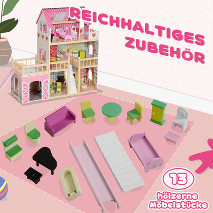 AIYAPLAY Puppenhaus, 3 Etagen, 13 Möbelstücke, Garage, Rutschen & Balkon, 114 x 32 x 92 cm, Rosa