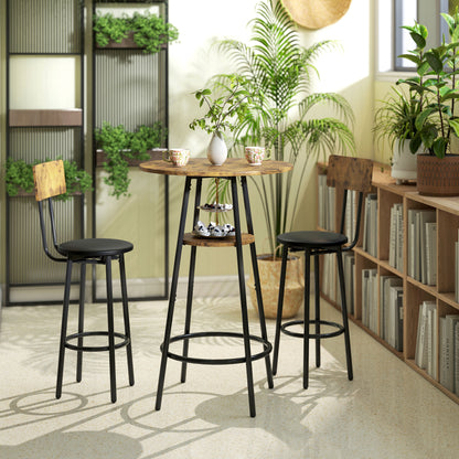 HOMCOM 3-teiliges Bartisch-Set mit 2 gepolsterten Hockern, Kunstleder-Bezug, Rückenlehne, Metallgestell, Braun