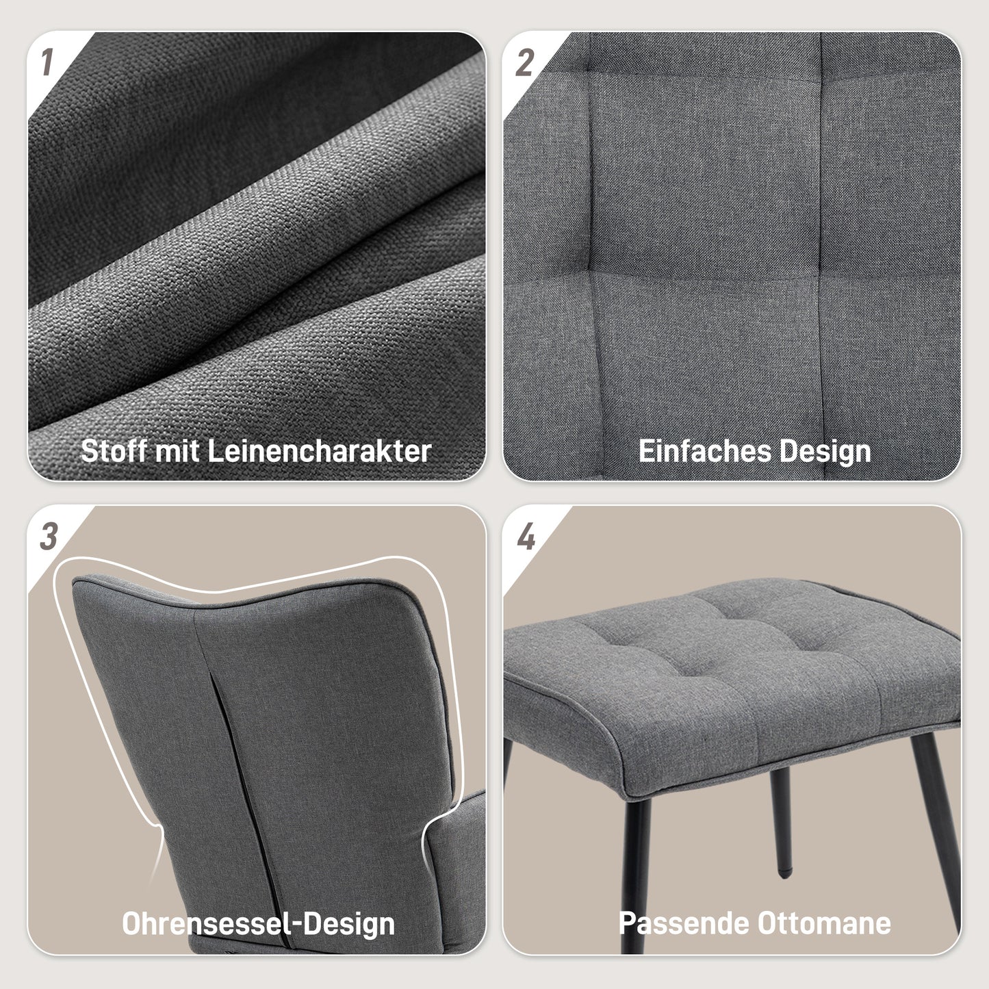 HOMCOM Schaukelstuhl mit Hocker, komfortabel, bis 130 kg, Leinenoptik, 64x89x90cm, Dunkelgrau