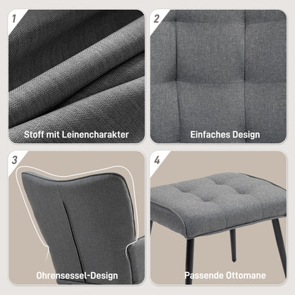 HOMCOM Schaukelstuhl mit Hocker, komfortabel, bis 130 kg, Leinenoptik, 64x89x90cm, Dunkelgrau