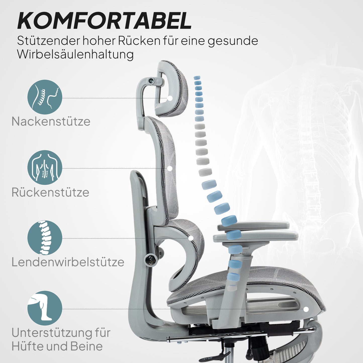HOMCOM Bürostuhl, Ergonomischer Schreibtischstuhl mit Netzstoffbezug, verstellbar, rollbar, mit Armlehnen, Kopfstütze, Grau