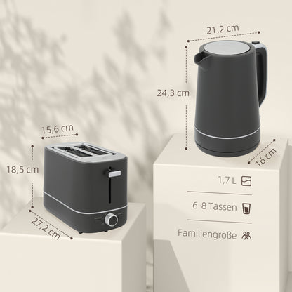 HOMCOM Set aus 1,7 L Wasserkocher und Toaster mit 6 Bräunungsstufen, Grau