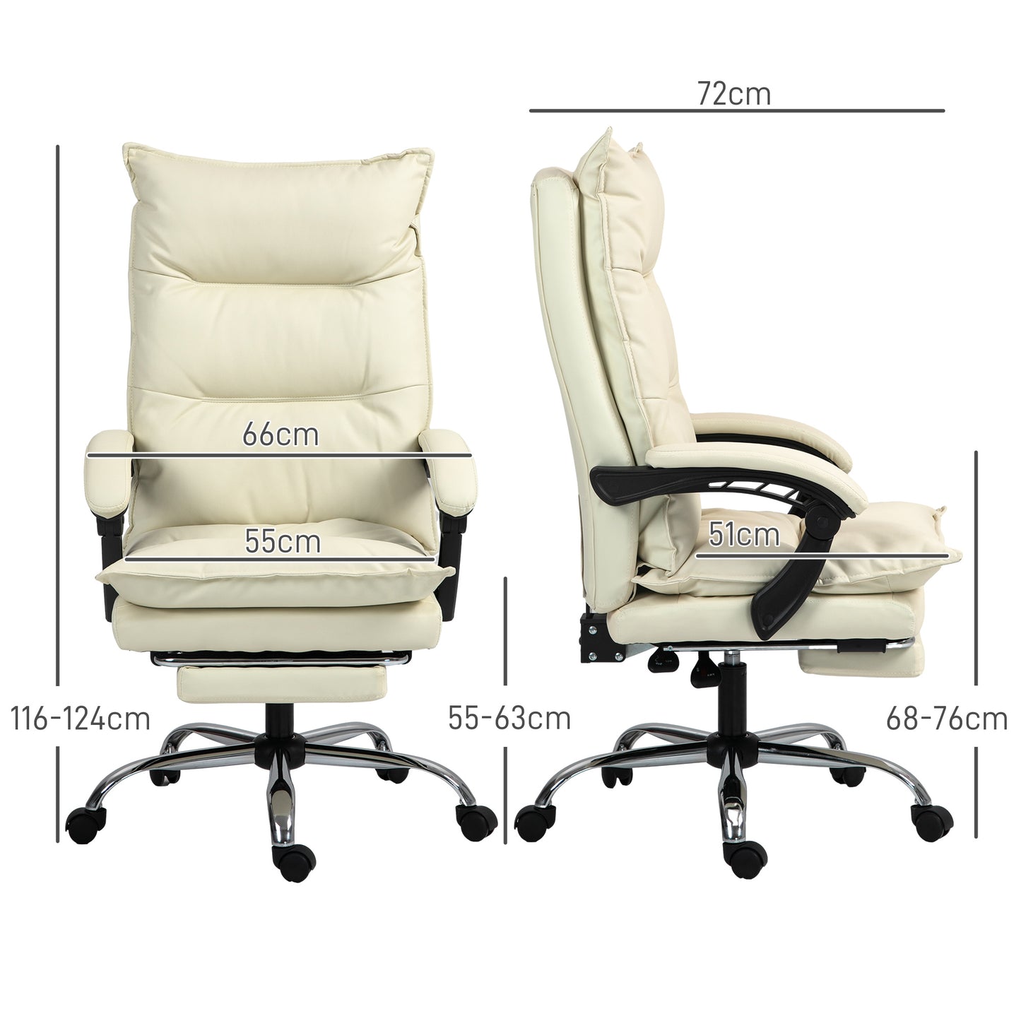 Vinsetto Bürostuhl, verstellbare Sitzhöhe, Fußstütze, Kunstleder, bis 135 kg, Metallbasis, 66x72x116-124cm, Beige