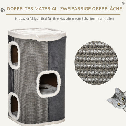 PawHut Kratztonne für Katzen Katzenkratzbaum 3 Ebenen Katzenbaum Kletterbaum für Katzen Katzenmöbel Spanplatte samtartiges Polyester Sisal Grau+Weiß 40 x 40 x 74 cm