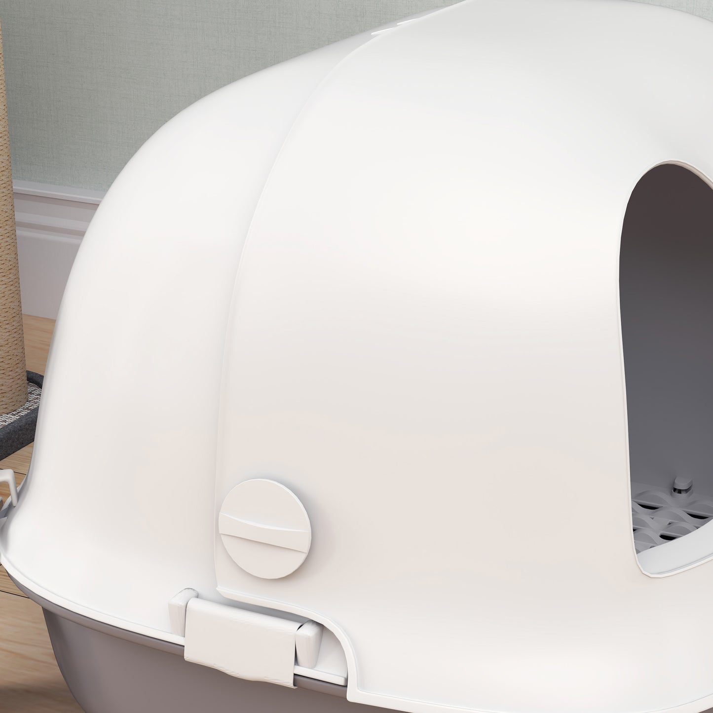 PawHut Katzentoilette mit Deckel, Katzenklo mit internem Kanal, Tür, Schaufel, leicht zu reinigen, Kunststoff, Hellgrau