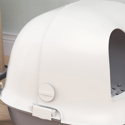 PawHut Katzentoilette mit Deckel, Katzenklo mit internem Kanal, Tür, Schaufel, leicht zu reinigen, Kunststoff, Hellgrau