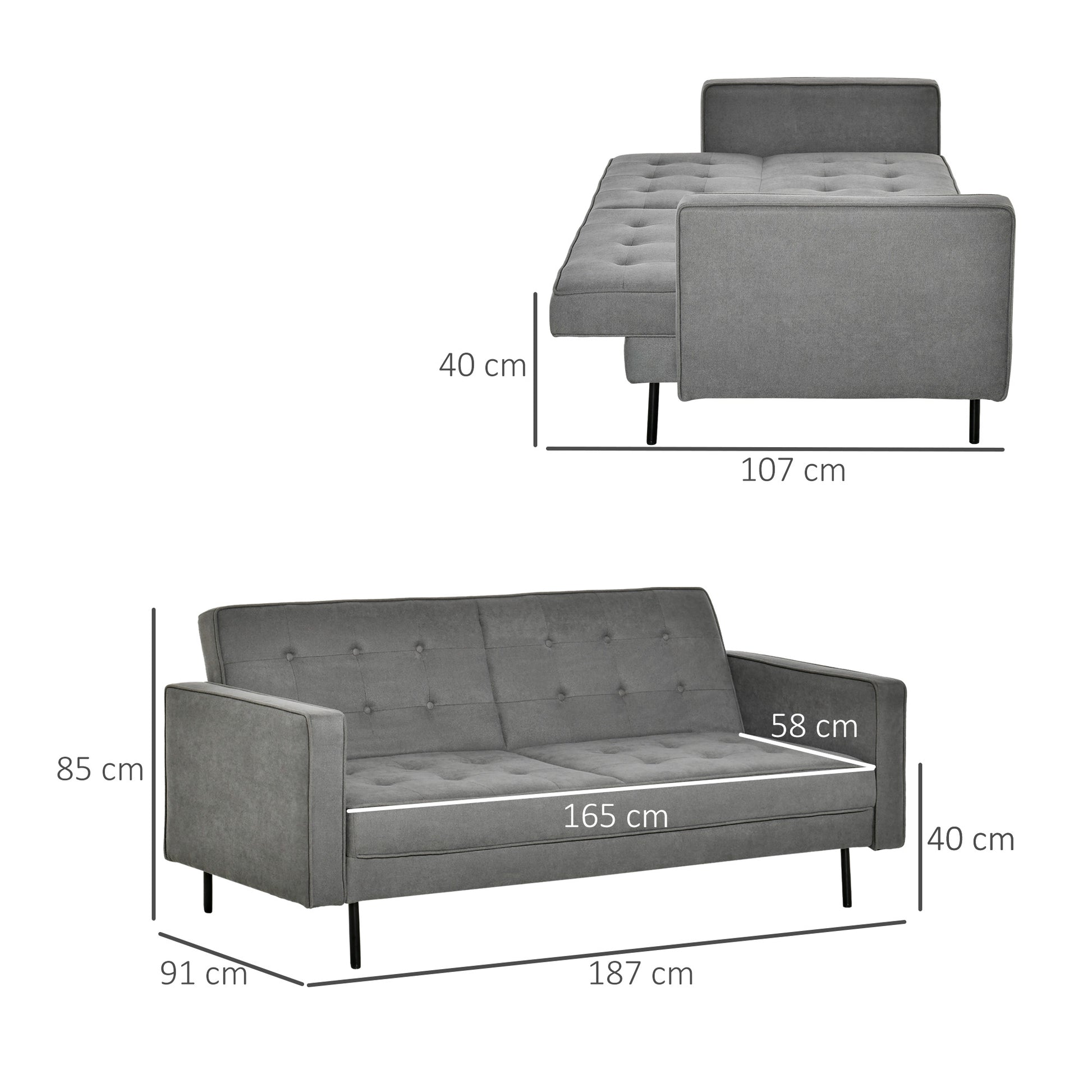 HOMCOM Schlafsofa 3-Sitzer Schlafcouch Stoffsofa Sofa mit Schlaffunktion Bettsofa mit verstellbarem Winkel Vintage Eukalyptusholz Baumwolle Grau