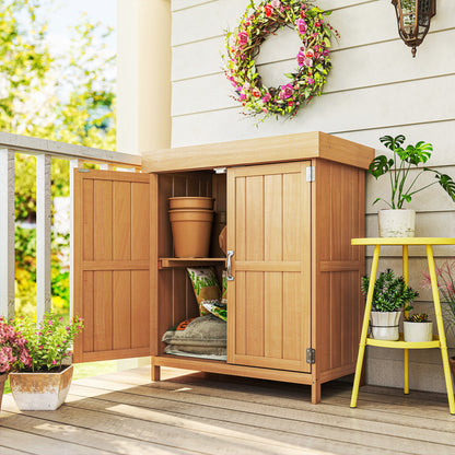 Outsunny Gartenschrank Tannenholz, Geräteschuppen wetterfest 74x43x88cm, Gerätehaus mit Doppeltür, 2 Fächern, Geräteschrank, Gartenhaus Werkzeugschrank Gartenschuppen für Garten, Terrasse, Natur