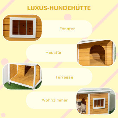 PawHut Hundehütte mit Veranda, aufklappbares Dach, Fenster, verstellbare Füße, Naturholz, orange, 85,5 x 62 x 60 cm
