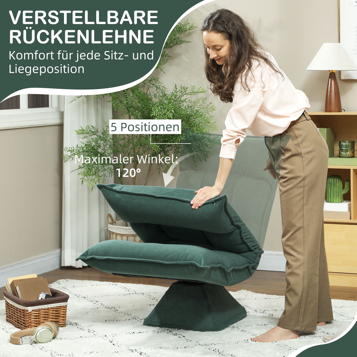 HOMCOM Bodensessel mit 5-fach verstellbarer Rückenlehne, drehbar, moderner Polsterstuhl, Grün