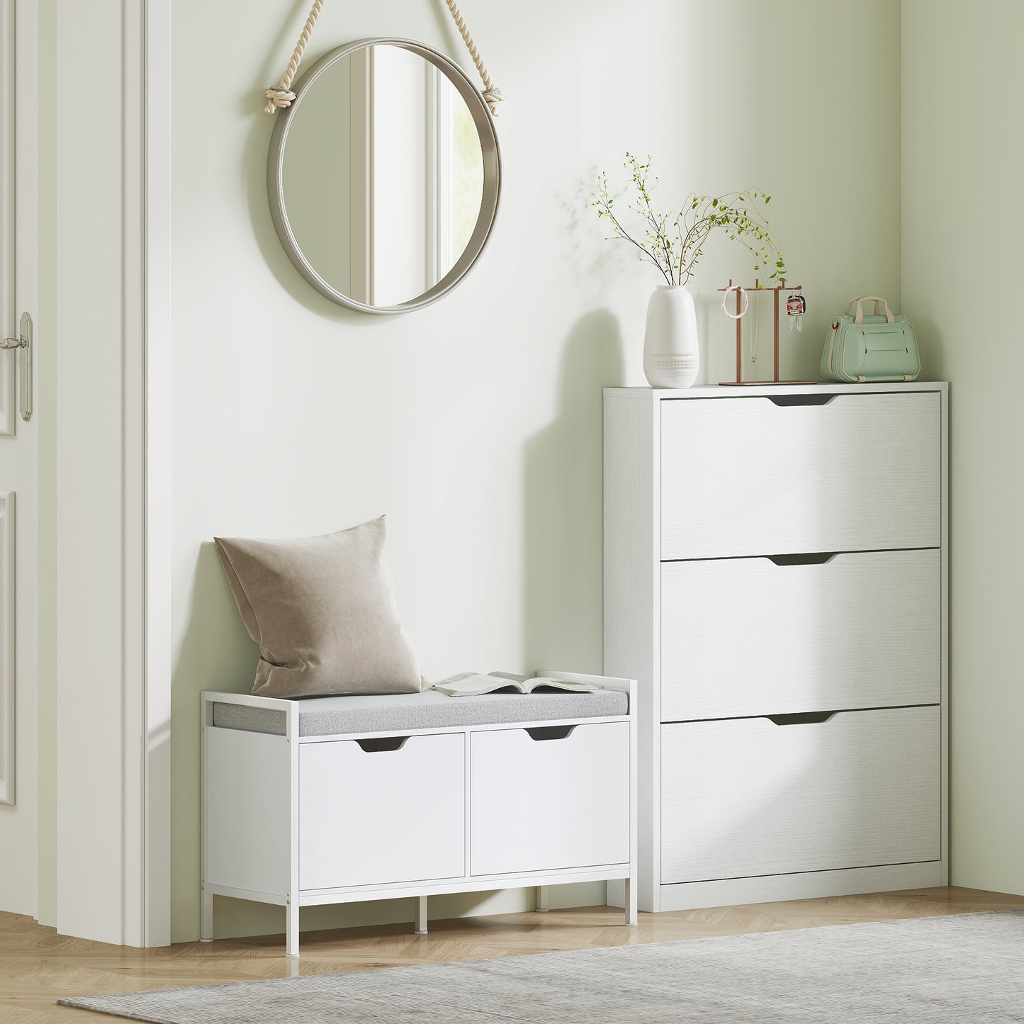 HOMCOM Schuhschrank mit 3 Klappschubladen, für bis zu 12 Paar Schuhe, Spanplatte, 80 x 17 x 108 cm, Weiß