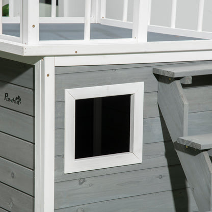 PawHut Hundehütte, Dachterrasse, Treppe, Fenster, Bodenabstand, Naturholz, hellgrau, 121 x 77 x 78cm