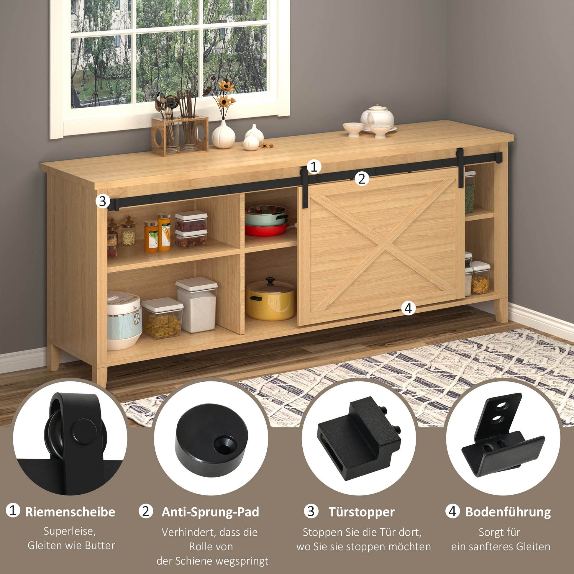 HOMCOM 183 cm Schiebetür Komplettset Schiebetürbeschlag mit Bodenführung, Schiebetür Laufschiene, Laufrollen Schiebetürsystem für Einzelholzschiebetür