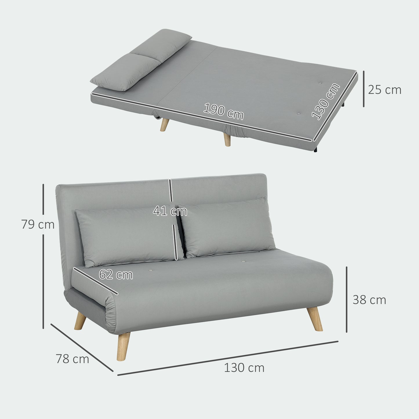 HOMCOM Schlafsofa Relaxsofa Sofa Couch, inkl. 2 Kissen, Samtoptik, 130 x 78 x 79 cm, Hellgrau
