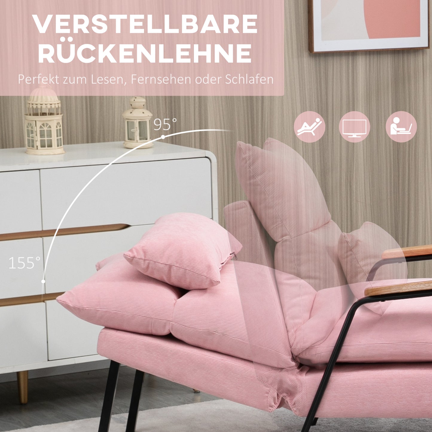 HOMCOM Sessel mit Ottomane, inkl. Kissen, 68 cm x 91,5 cm x 88 cm, Rosa