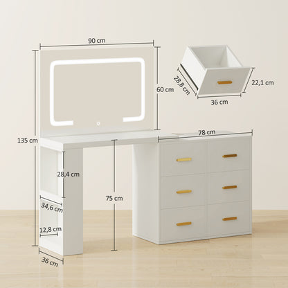 HOMCOM Schminktisch mit verstellbarem LED-Spiegel, Steckdosen, 6 Schubladen, 2 offene Regale, Weiß