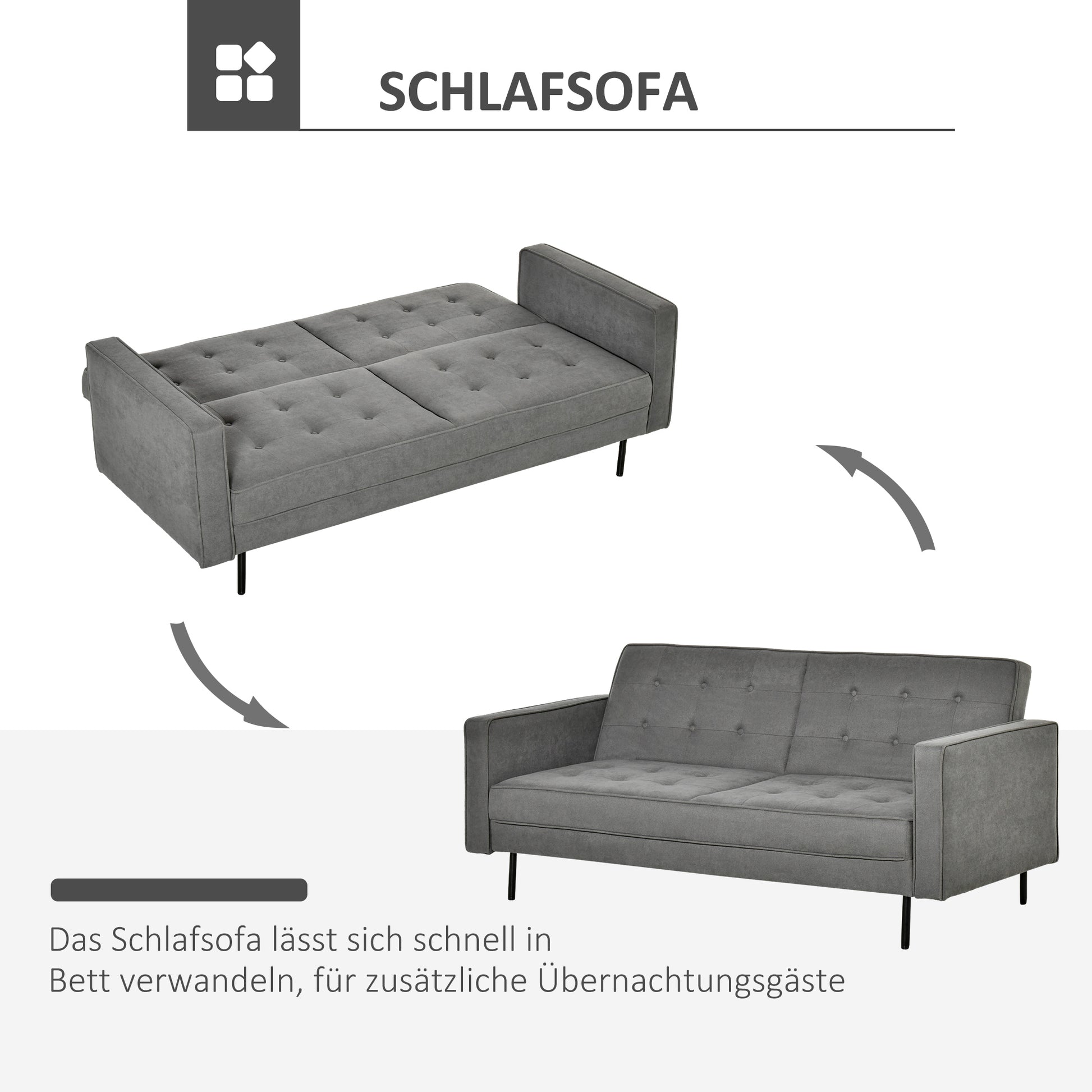 HOMCOM Schlafsofa 3-Sitzer Schlafcouch Stoffsofa Sofa mit Schlaffunktion Bettsofa mit verstellbarem Winkel Vintage Eukalyptusholz Baumwolle Grau