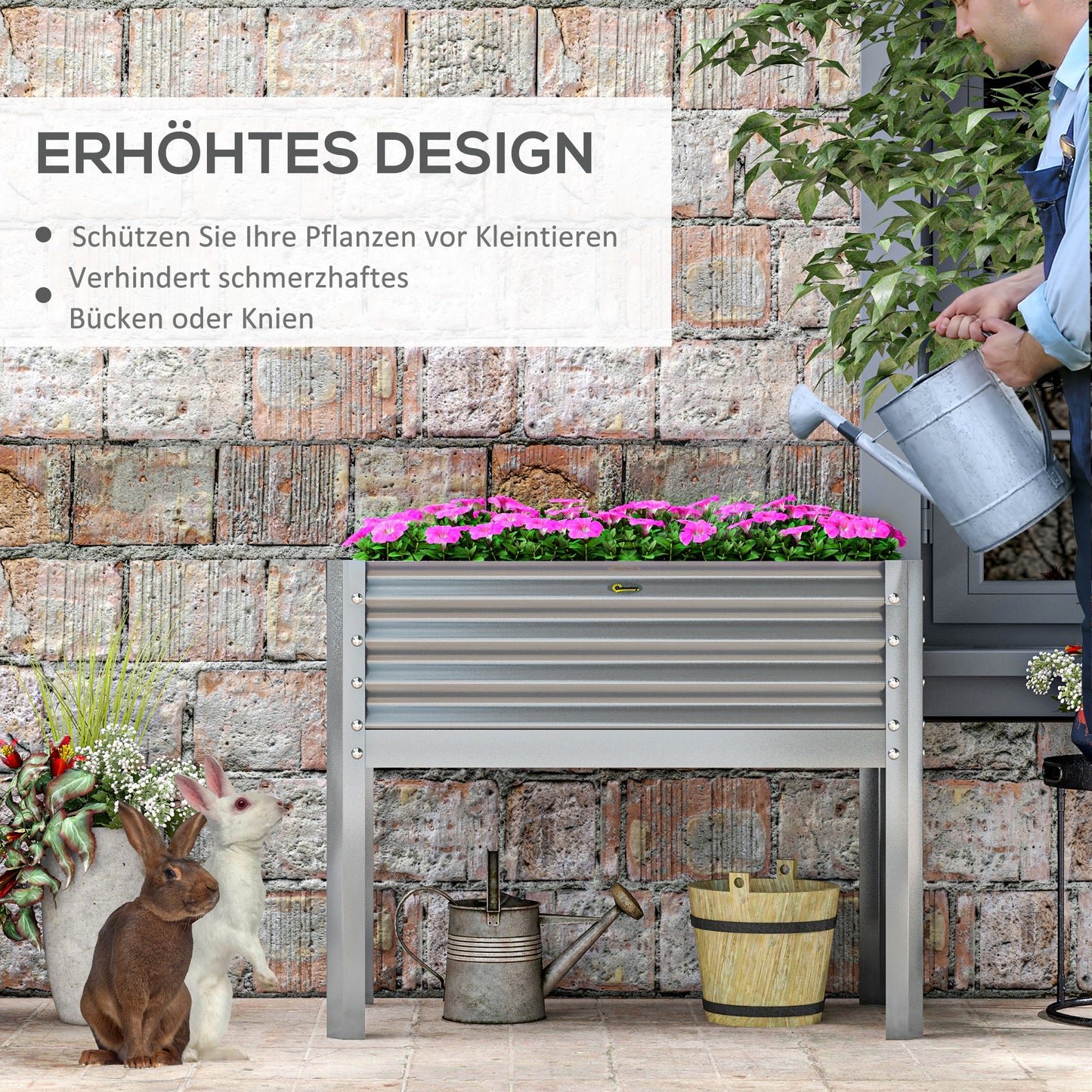 Outsunny Hochbeet Pflanzenbeet Pflanzkasten, wetterbeständig, 100 cm x 45 cm x 80 cm, Silber