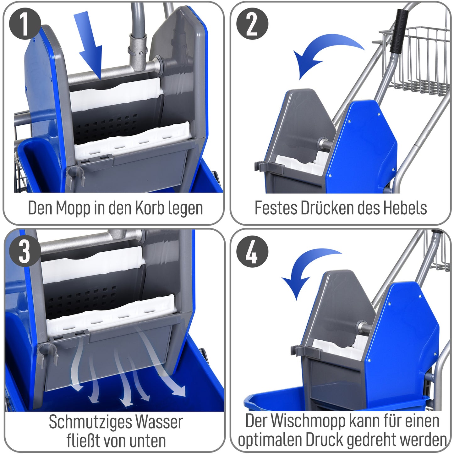 HOMCOM Reinigungseimer, Wischmoppeimer, rollbar, Kunststoff, Metallgriff, Blau