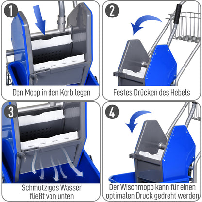 HOMCOM Reinigungseimer, Wischmoppeimer, rollbar, Kunststoff, Metallgriff, Blau