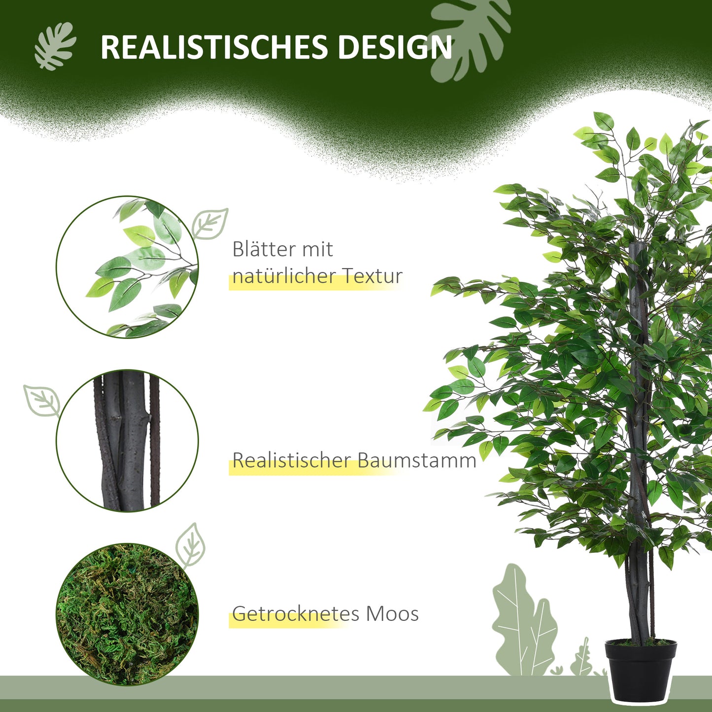 Outsunny Künstlicher Ficus-baum groß 145 cm, Kunstbaum, Kunstpflanze, Plastik Künstliche Pflanzen im Topf, Fake Plant wie echt für Wohnzimmer Schlafzimmer Büro Garten Moderne Dekoration Geschenk