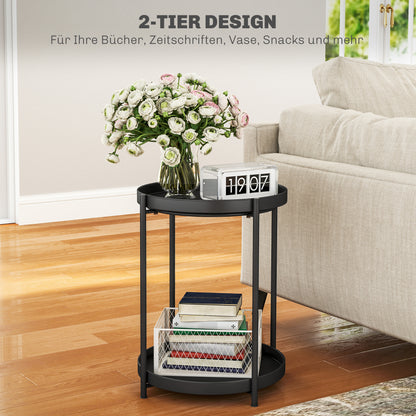HOMCOM Runder Beistelltisch mit Regalboden, 2-stufiger Kaffeetisch für Wohnzimmer, Schlafzimmer, kleine Räume, Metall, Schwarz